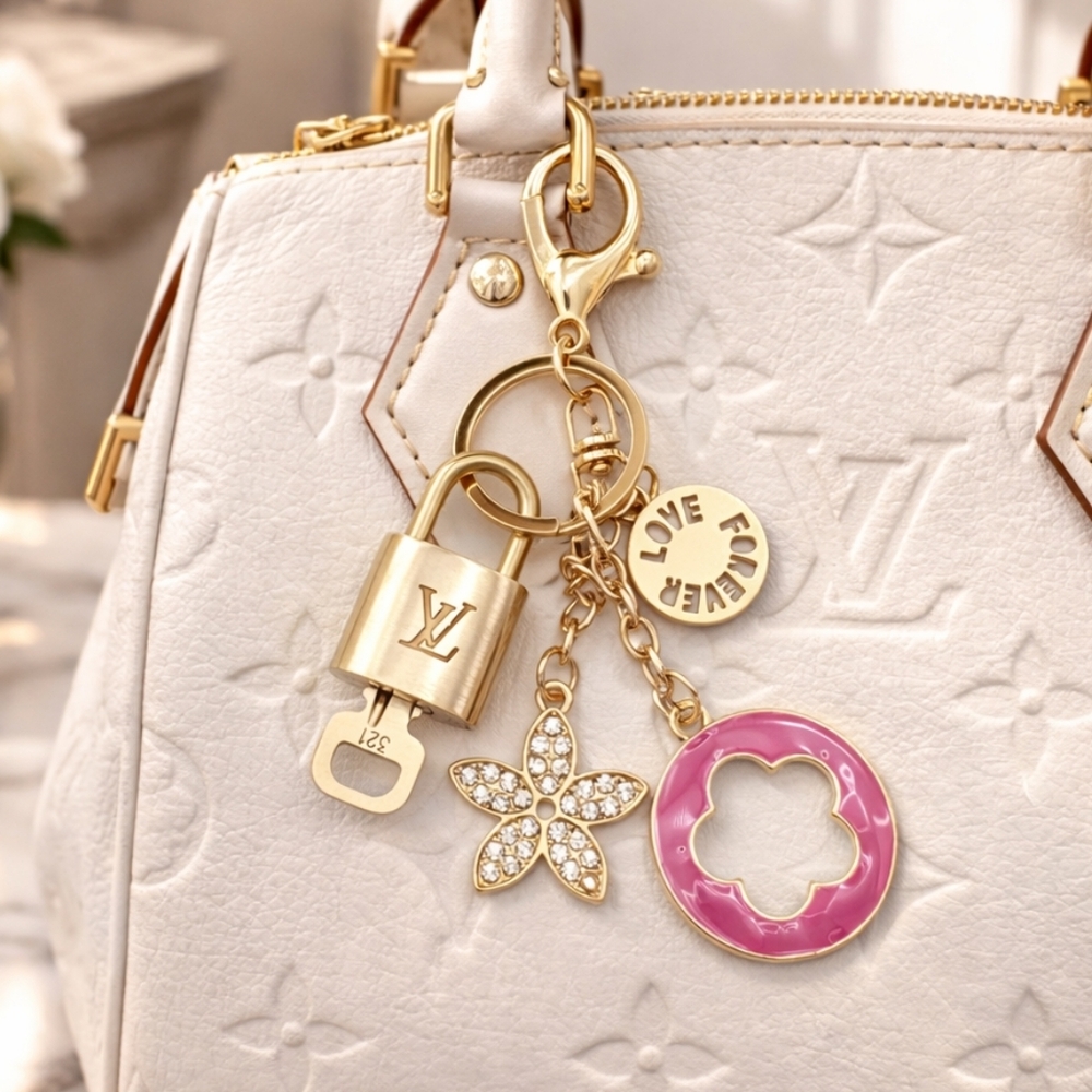 Authentic Louis Vuitton Gold Lock 🔒 Keychain Bag Unbranded Flower Charm LV